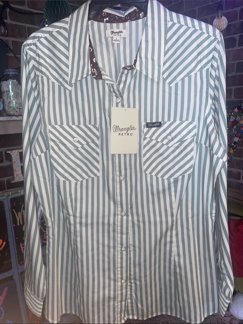 Wrangler RETERO Western LS Stripe Pearl snap Button Down Shirt green NWT - Picture 10 of 10